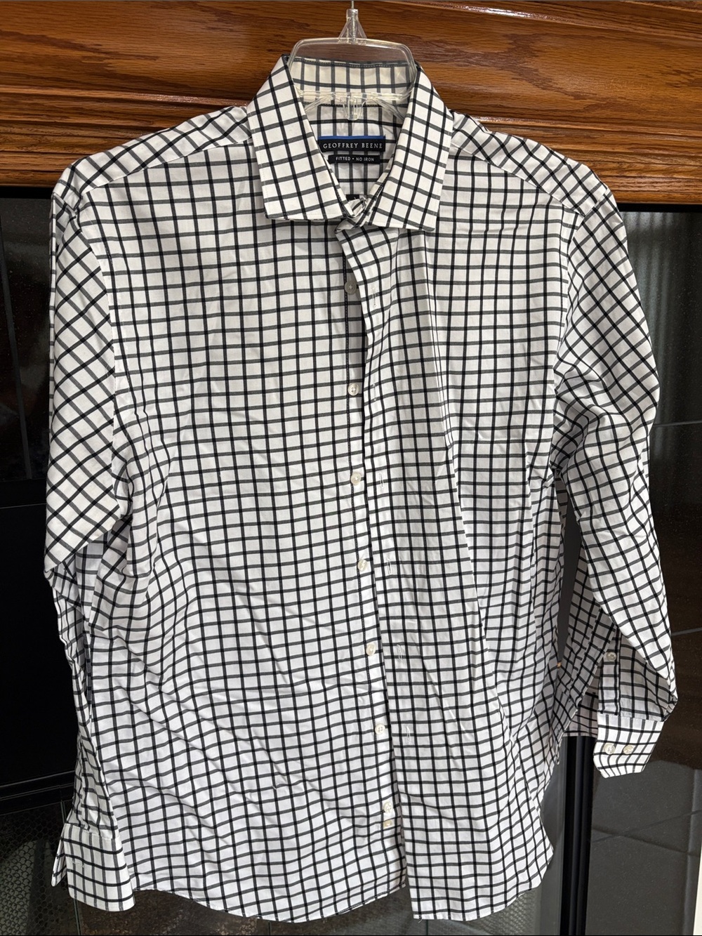 Geoffrey Beene Black & White Windowpane Dress Shirt cotton fitted no iron 16.5